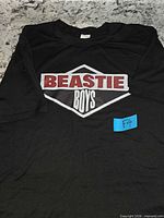Full view of black Beastie Boys T-shirt laid flat