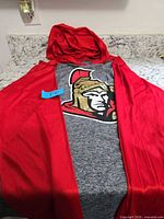 Full view of hooded shirt laid flat showing Ottawa Senators logo