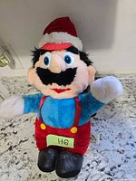 Front view of Mario plush showing full outfit, facial features and hat