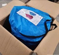 Folded tent in blue zippered carry bag inside cardboard box