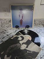 Front of album jacket on stand with record and inner sleeve displayed