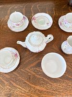 Group view of teapot, cups, saucers and sugar bowl