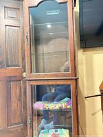 Full view of cabinet showing wood frame, glass doors, shelves