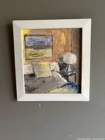 Full view of framed bedroom interior oil painting on wall