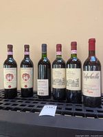 Front view of all six wine bottles standing on rack