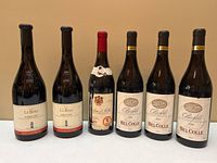 Front view of all six wine bottles lined up, labels and fill levels visible