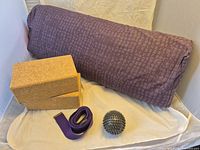 All five yoga items: bolster, two cork blocks, strap, massage ball
