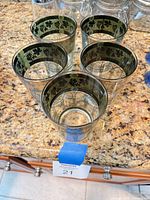 Five matching glasses on countertop showing design band