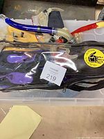 Overall view of fins in bag with snorkel tubes and masks