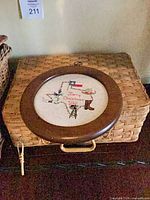 Round framed cross-stitch resting on flat suitcase basket