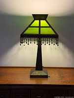 Full view of lit lamp showing shade, base and fringe