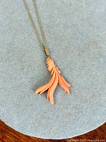 Full view of necklace with coral pendant on chain