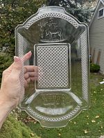 Full view of entire clear glass platter showing form and pattern