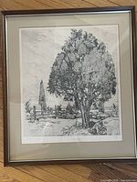 Full view of framed etching with mat and frame