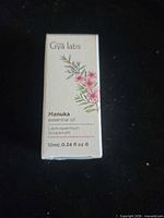 Front of boxed Gya Labs Manuka essential oil showing brand, product name and volume
