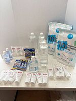 All items overview: protection kit bags, sanitizer bottles, tubes, travel packs