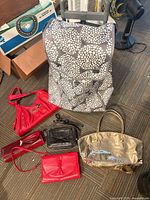 Front view of gray/white polka-dot rolling shopping cart with other bags nearby