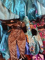 Overall view of turquoise, leopard, teal and zebra costumes laid out