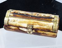 Front angled view showing bone panels, brass trim, beaded band and latch