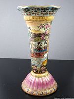 Full view of vase front showing hand-painted scene and form