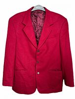 Front view red Tom English blazer on hanger