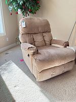 Front angle of tan microfiber recliner
