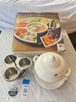 Sealed box lazy Susan set, soup tureen with lid and underplate, stainless steel condiment server