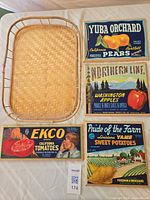 All five items laid out: four framed prints and bamboo tray