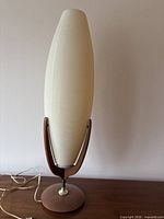 Full view of tall teak and plastic lamp on table