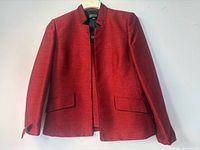 Front view of red Kasper blazer on hanger