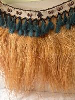 Full view of raffia grass skirt showing waistband, tassels, bead and shell trim