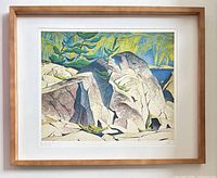 Full view of framed lithograph showing frame, mat and artwork