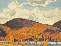 Full view of the lithograph image showing autumn landscape