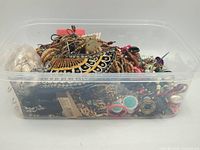 Overall view of clear tub filled with mixed jewelry pieces