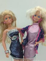 Both Barbie dolls side by side displaying outfits and accessories