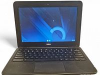 Front view of Dell Chromebook powered on showing display and keyboard