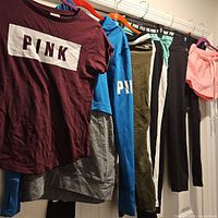 All seven PINK garments on hangers