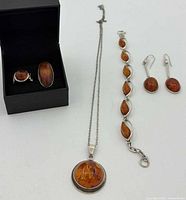 Entire jewellery set laid out: necklace, bracelet, earrings, two rings