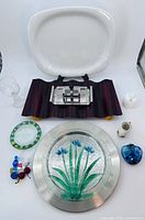 Group shot of entire lot showing platter, charger, fused glass plate, candies and additional decor