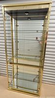 Front view showing brass frame, glass doors, shelves and mirrored back