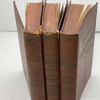 Spine view of three volumes showing leather/leatherette binding, frayed heads/tails