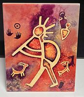 Frontal view of signed glazed ceramic tile showing full artwork