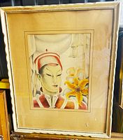 Full view of framed painting showing frame, mat and artwork