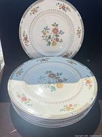 Stack of seven floral dinner plates, one displayed upright