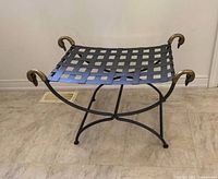 Full view of curule stool showing X-frame base, lattice seat, and swan heads