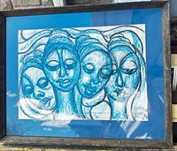 Framed blue pastel drawing showing full composition