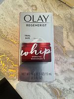 Front of boxed Olay Regenerist Whip moisturizer showing branding and size