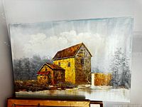Full view of oil painting on canvas showing entire watermill landscape