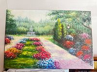 full view of the impressionistic garden landscape oil painting on stretched canvas