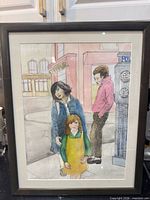 Full view of framed watercolor artwork with three figures in urban setting